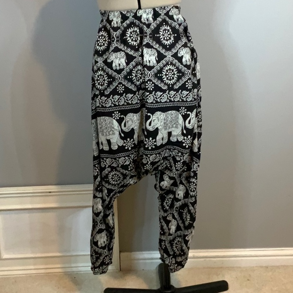 Boho elephant print low crotch pants, sz M